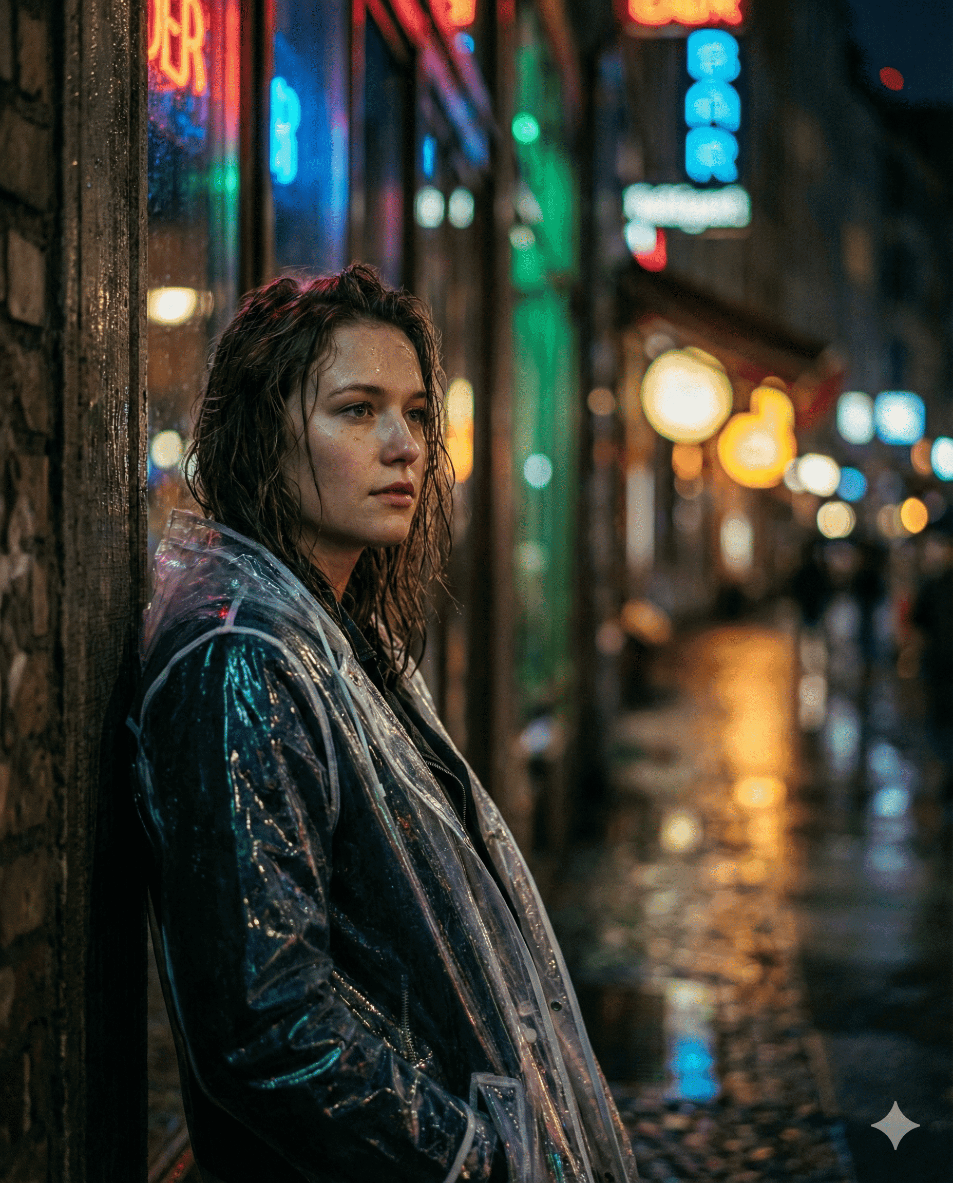 AI generated cyber-noir portrait on a rainy Berlin street