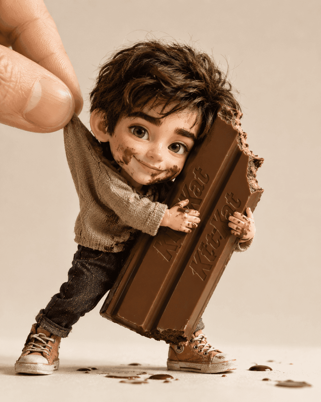 Handmade collectible doll hugging a giant chocolate bar
