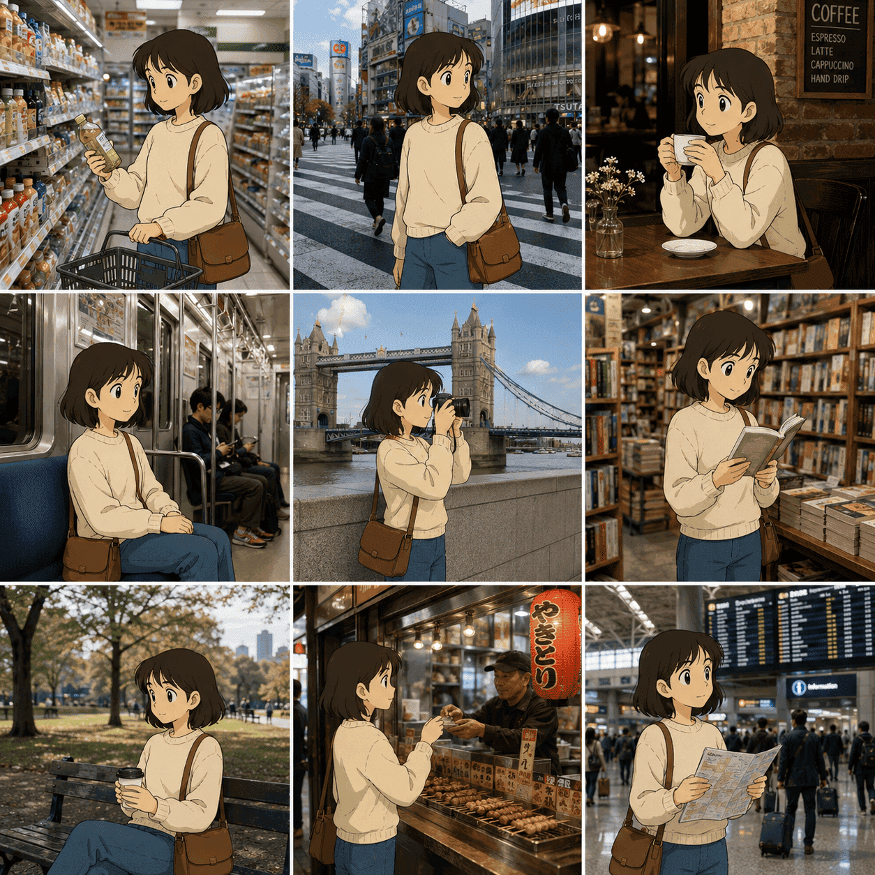 Anime character exploring photorealistic everyday scenes