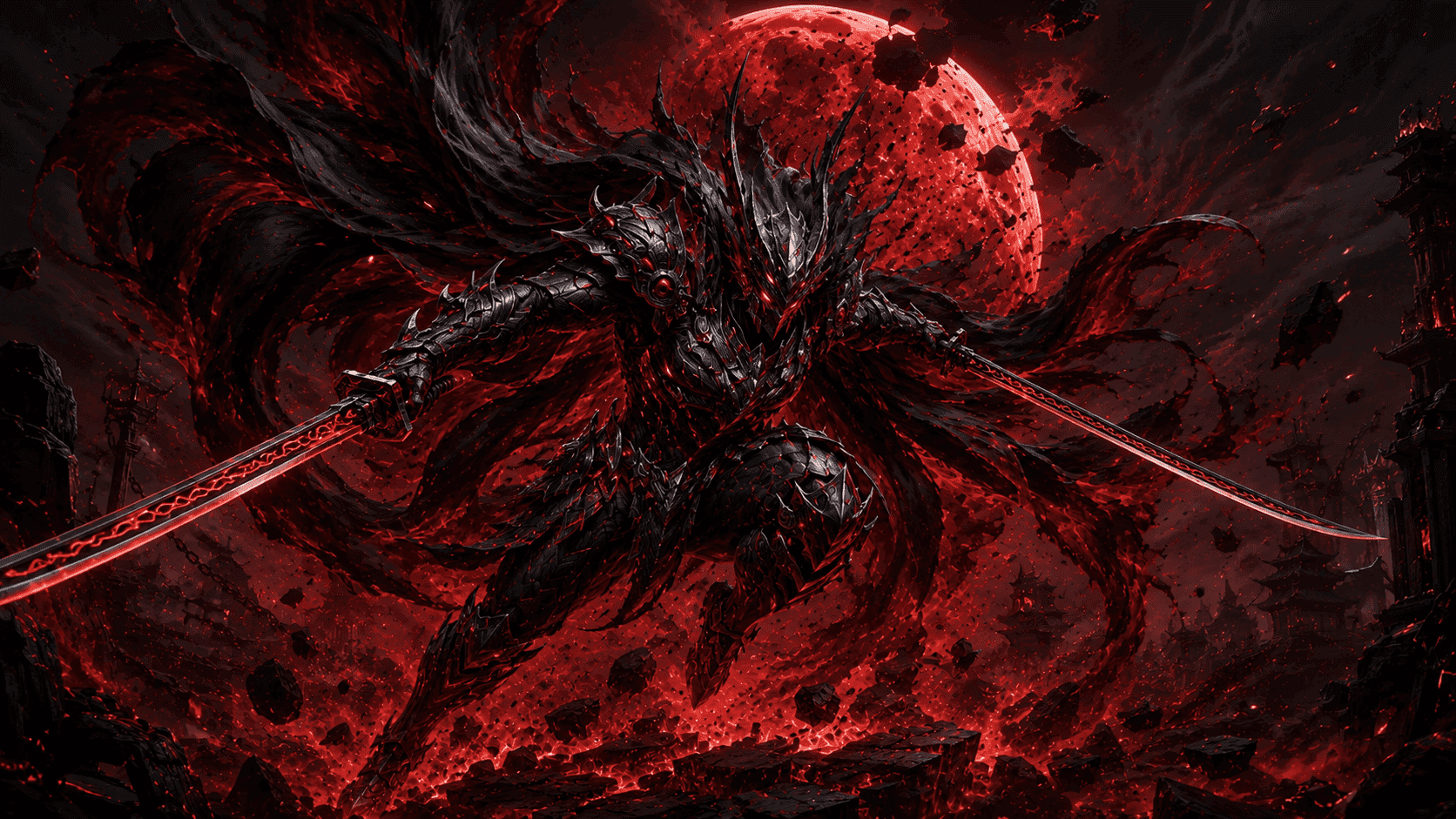 Dark fantasy dragon mecha beneath a shattered red moon