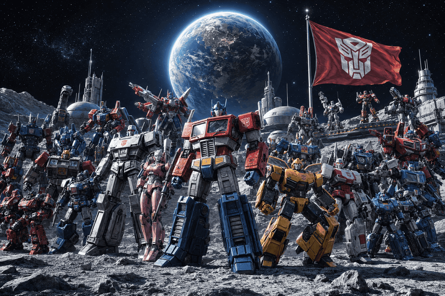 AI generated Autobots assembled on a lunar base