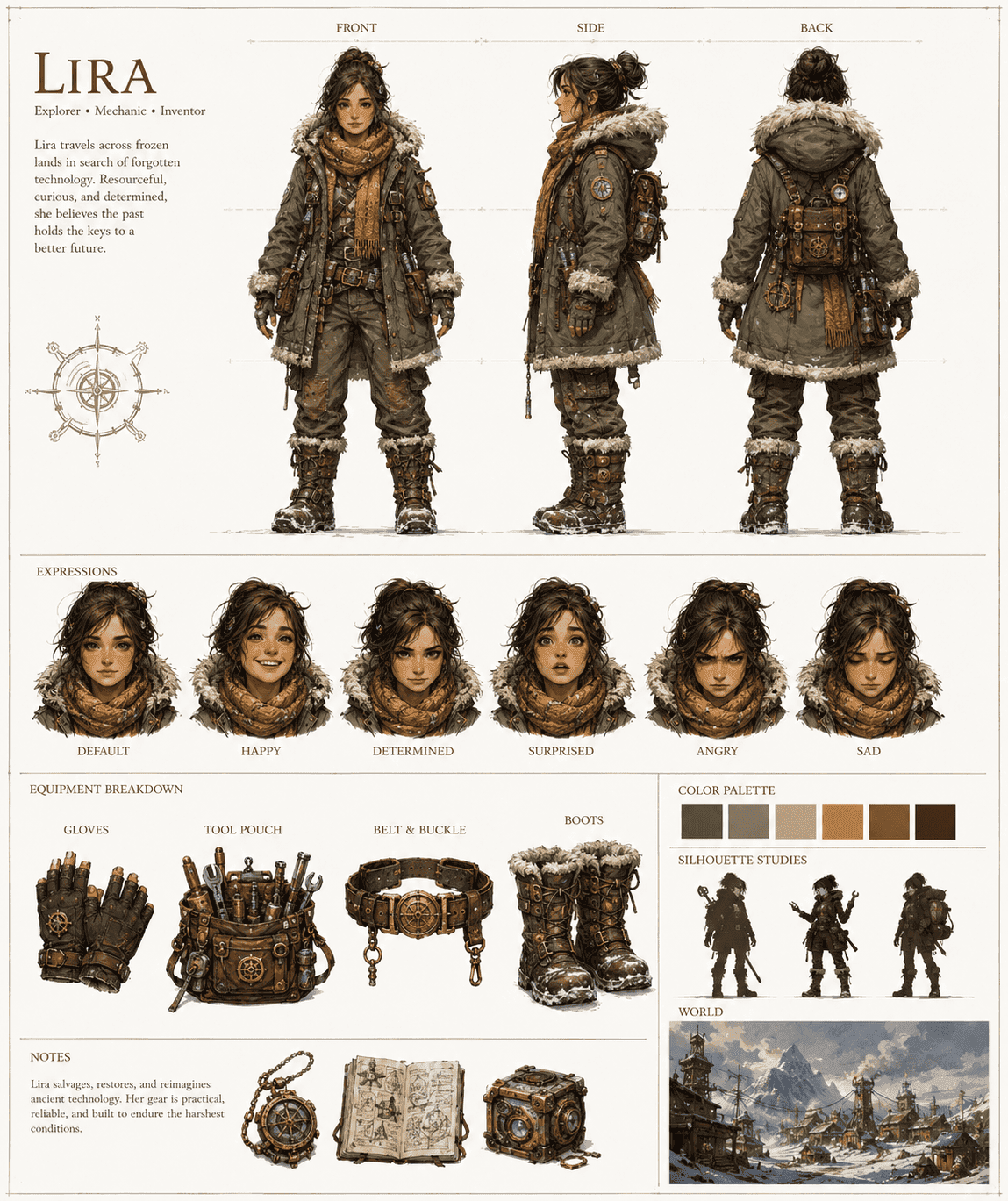 Explorer character design sheet with expressions and equipment