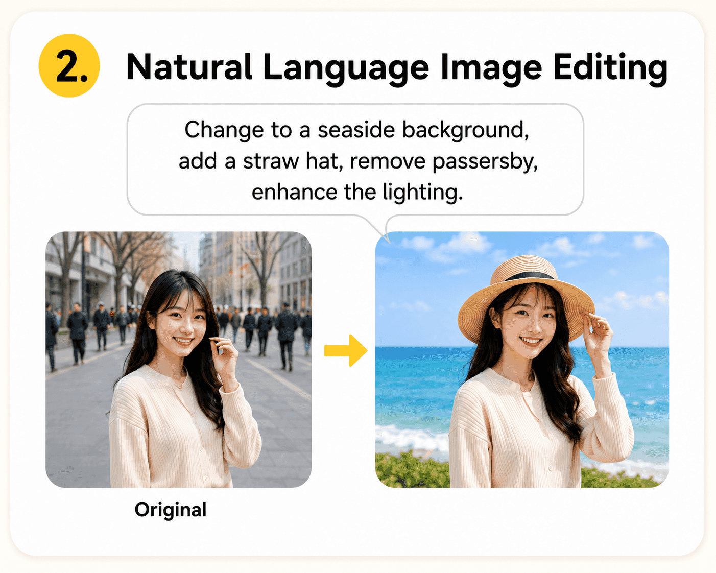 Nano Banana natural language image editing — background changed to seaside, straw hat added, passersby removed
