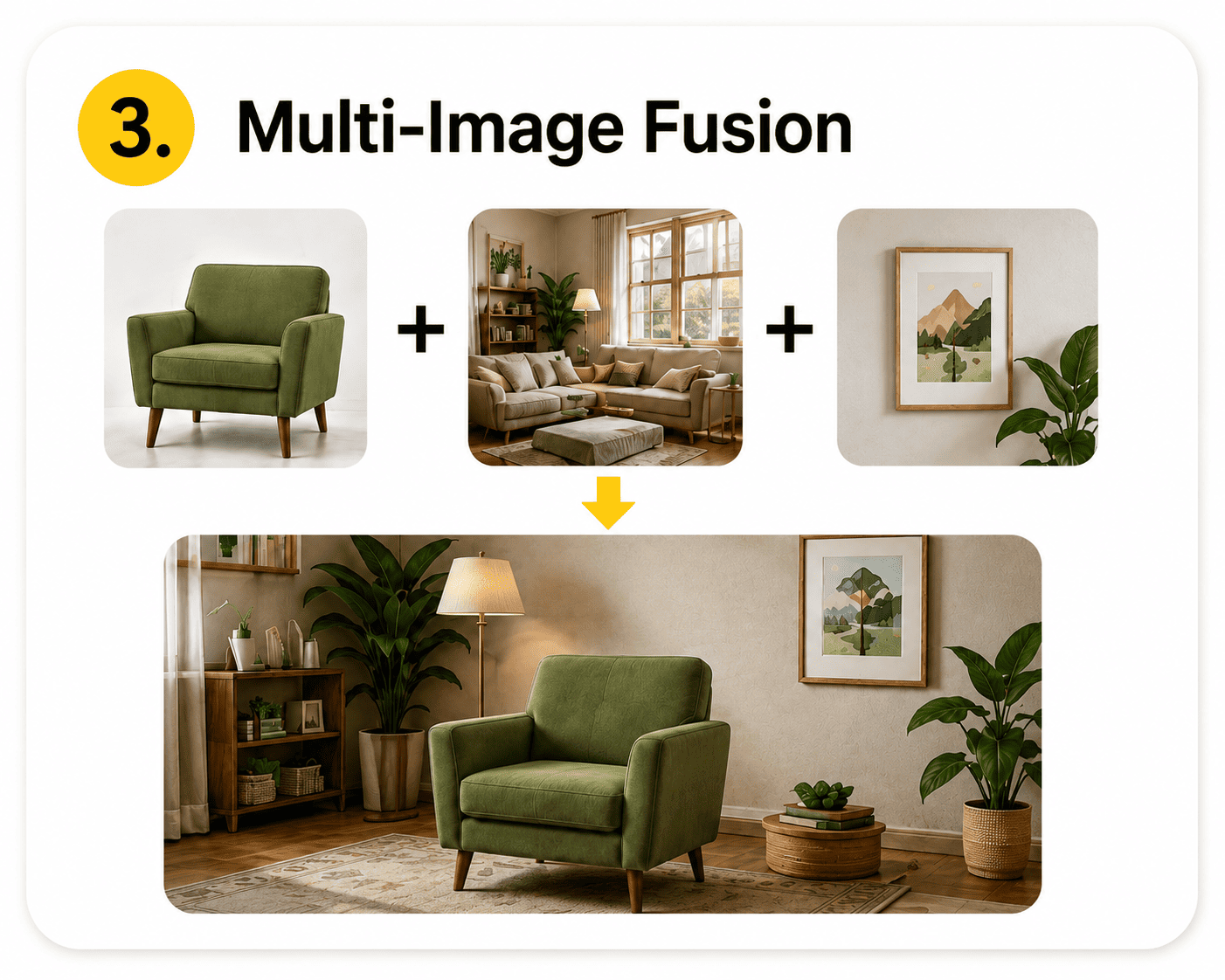 Nano Banana multi-image fusion — combining armchair, room, and artwork references into one scene