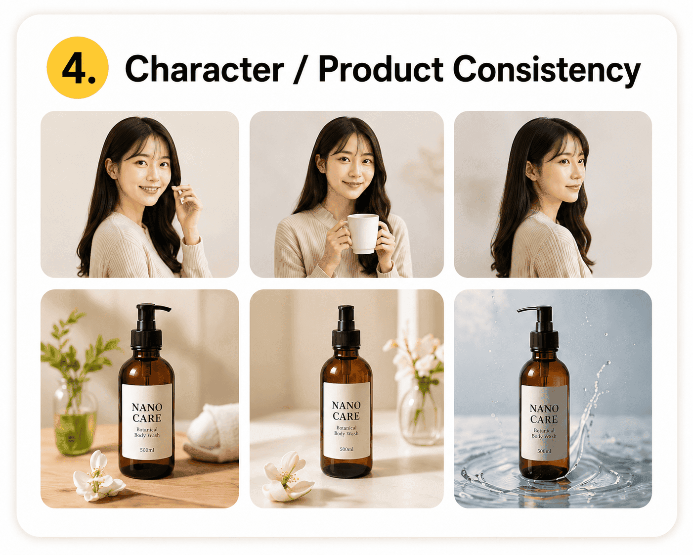 Nano Banana character and product consistency — same model and bottle across different AI-generated scenes